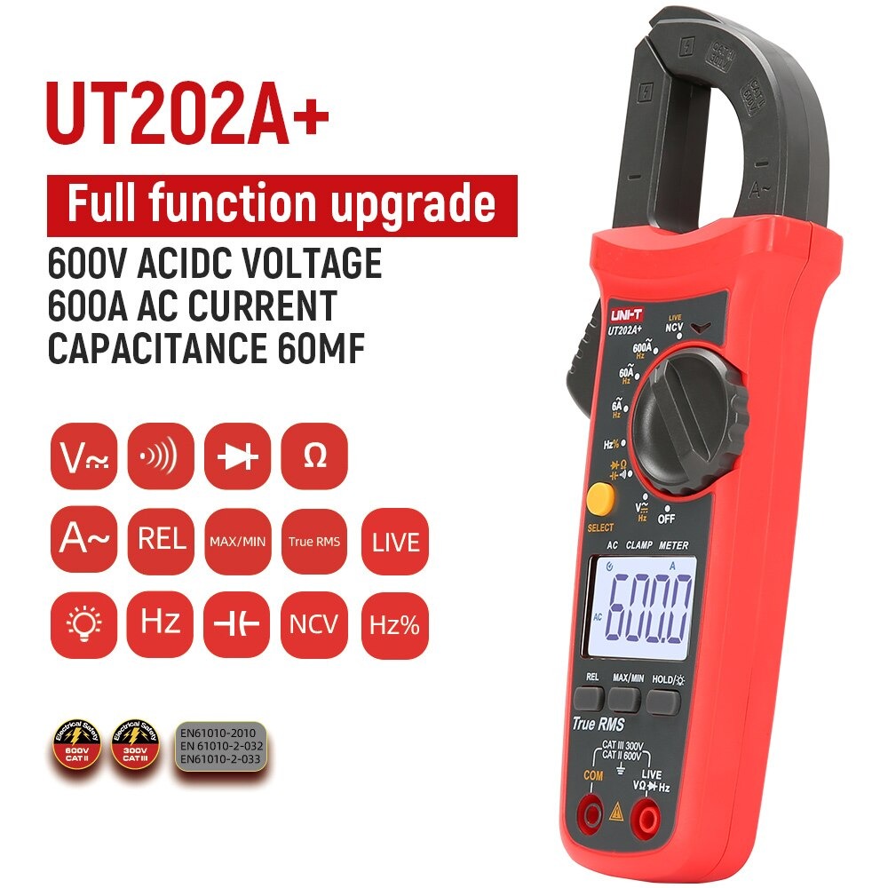 UNI-T UT202A+ Digital Clamp Meter | 600A AC | True RMS | 6000 Counts | 60mF Capacitance | Live Wire Test | NCV | CAT III 300V | Model: UT202A+_img_2