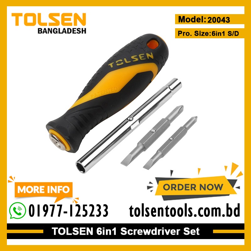 TOLSEN 20043 6 in 1 Interchangeable Screwdriver Set | Cr-V Steel | Dual-Sided Bits | Hex Bit Holder | Model: 20043_img_4