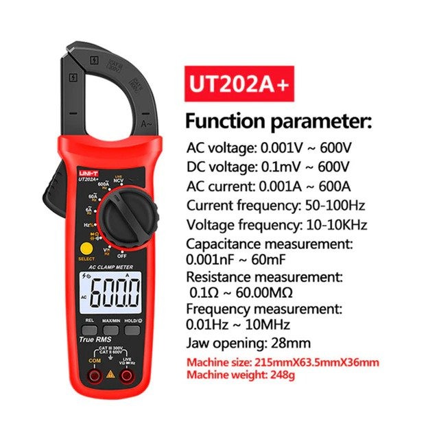 UNI-T UT202A+ Digital Clamp Meter | 600A AC | True RMS | 6000 Counts | 60mF Capacitance | Live Wire Test | NCV | CAT III 300V | Model: UT202A+_img_7