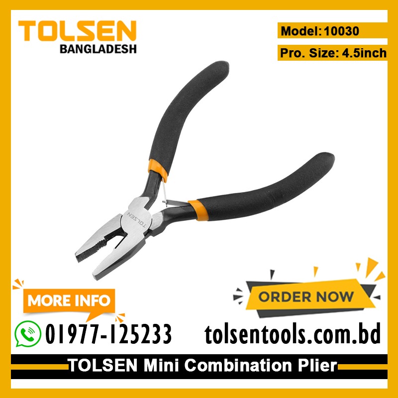 TOLSEN 10030 Mini Combination Pliers, 4.5" (115mm), Nickel Plated, Bi-Dipped Handle, Spring-Loaded | Model: 10030_img_1