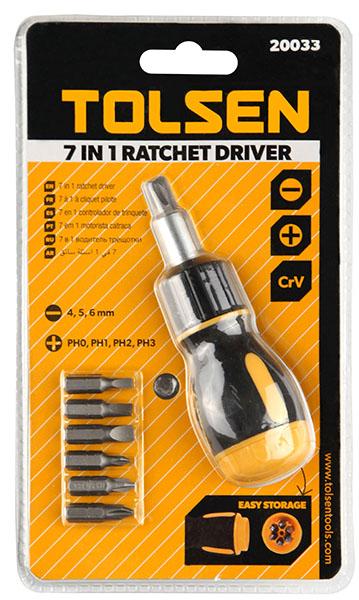 TOLSEN 20033 7-in-1 Ratchet Screwdriver, Phillips & Flat Bits, CrV Steel, Double Blister, Model: 20033_img_2