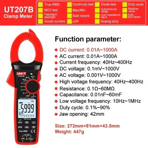 UNI-T UT207B 1000A True RMS Digital Clamp Meter | 1000A AC/DC | 6000 Counts | 42mm Jaw | NCV | LoZ & LPF | Inrush Current | CAT III 1000V | Model: UT207B_img_2