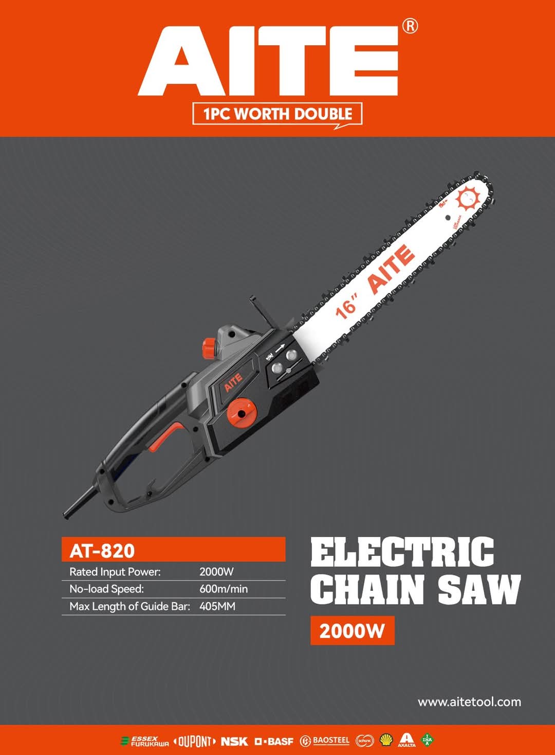 AITE AT820 Electric Chain Saw | 16" Bar | 2000W High Power | 600 RPM | Model: AT820