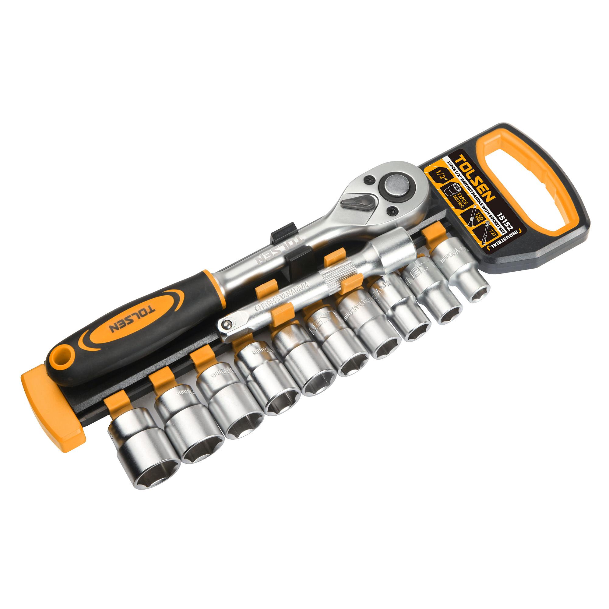 TOLSEN 15152 12Pcs 1/2" Drive Ratchet Handle with Socket Set | Quick Release | 72-Tooth | CrV Steel | Industrial Series | Model: 15152_img_2