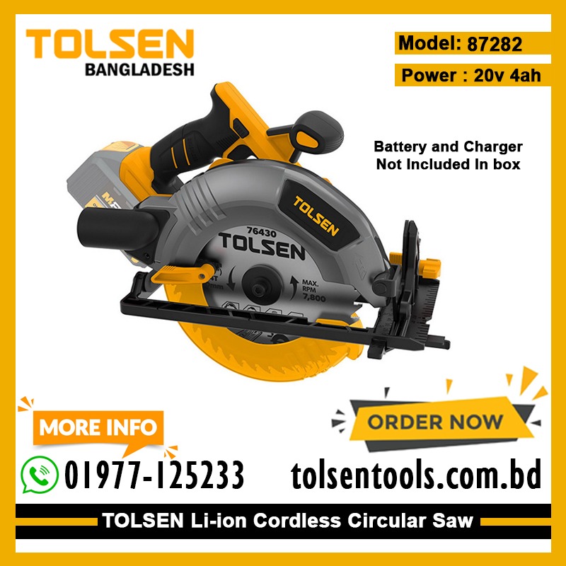 TOLSEN 87282, Cordless Circular Saw, Li-Ion Battery, Brushless, 20V (Not Included Battery And Charger); Model 87282_img_1
