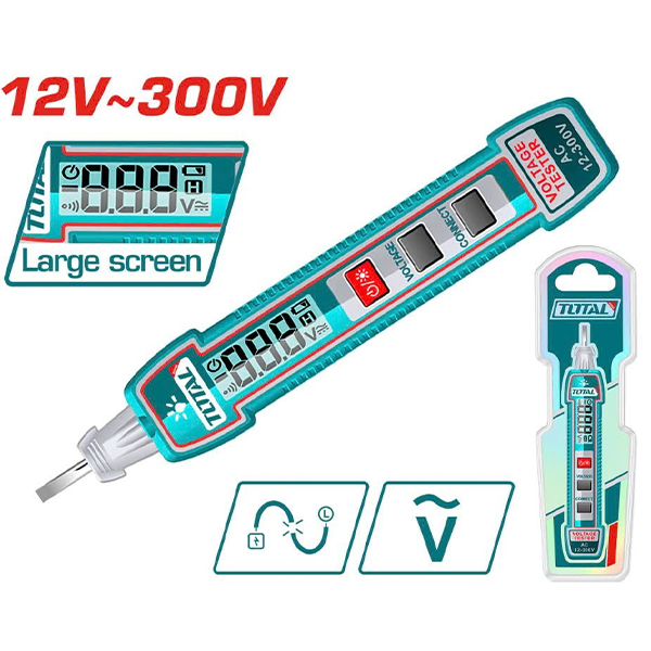 TOTAL THTS33001 Test Pencil | LCD Digital Display | Sound & Light Alarm | Auto Power Off | Battery Included | Model: THTS33001