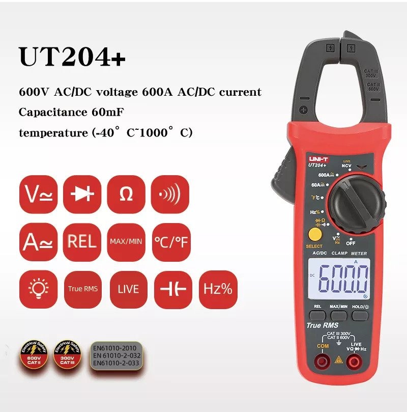 UNI-T UT204+ Digital Clamp Meter | 600A AC/DC | True RMS | 6000 Counts | Capacitance & Temperature | CAT III 300V | Model: UT204+_img_3