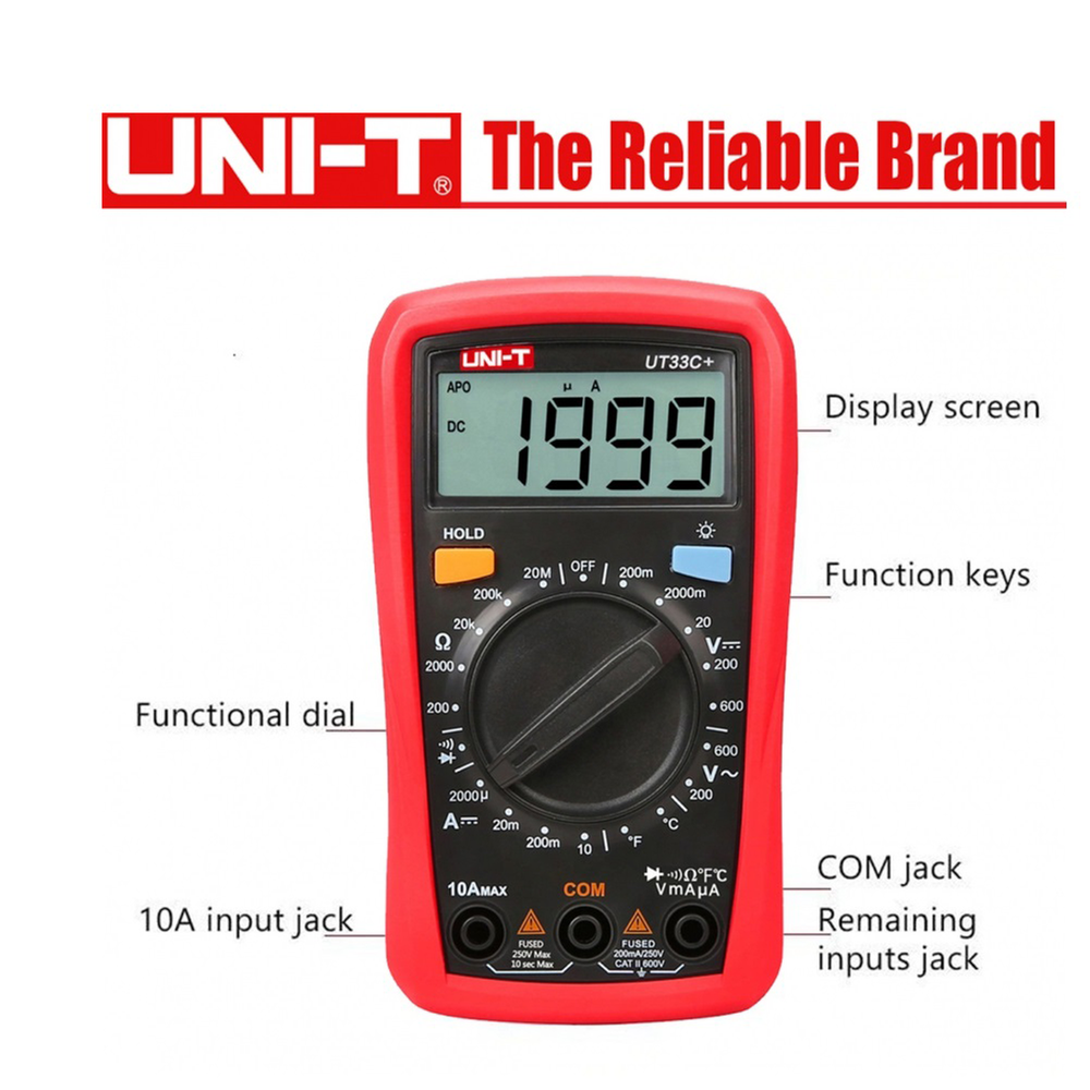 UNI-T UT33C+ Multi Functional Digital Multimeter Palm Size| 2000 Counts | 2m Drop Test | CAT II 600V | Temperature Measurement (-40°C to 1000°C) | K-Type Thermocouple Included | Model: UT33C+_img_1