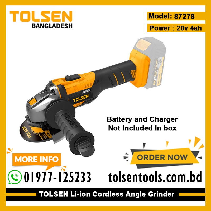 TOLSEN 87278 Li-ion Brushless Cordless Angle Grinder 20V (Not Included Battery and Charger); Model 87278_img_1