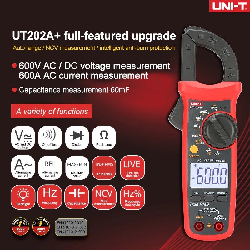 UNI-T UT202A+ Digital Clamp Meter | 600A AC | True RMS | 6000 Counts | 60mF Capacitance | Live Wire Test | NCV | CAT III 300V | Model: UT202A+_img_8