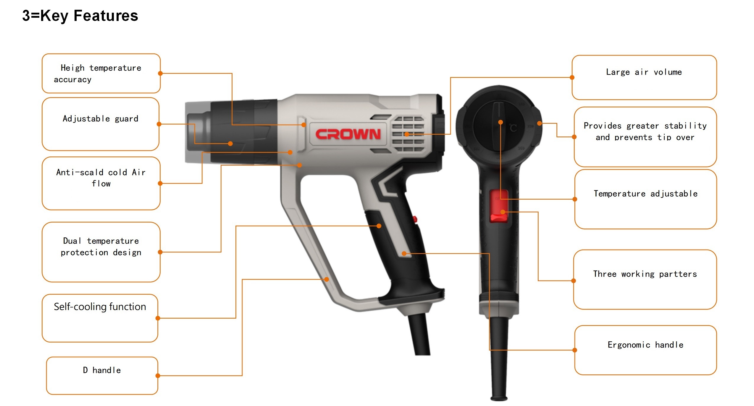 CROWN CT19049K Professional Hot Air Gun | 2000W | 3-Speed | 50-650°C | 600/300/600 L/min | Model: CT19049K_img_2