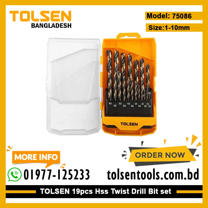 TOLSEN 75086 19pcs Industrial Black & Gold HSS Drill Bit Set | 1.0-10.0mm | 130° Split Point | DIN338 | Plastic Case | Model: 75086_img_2