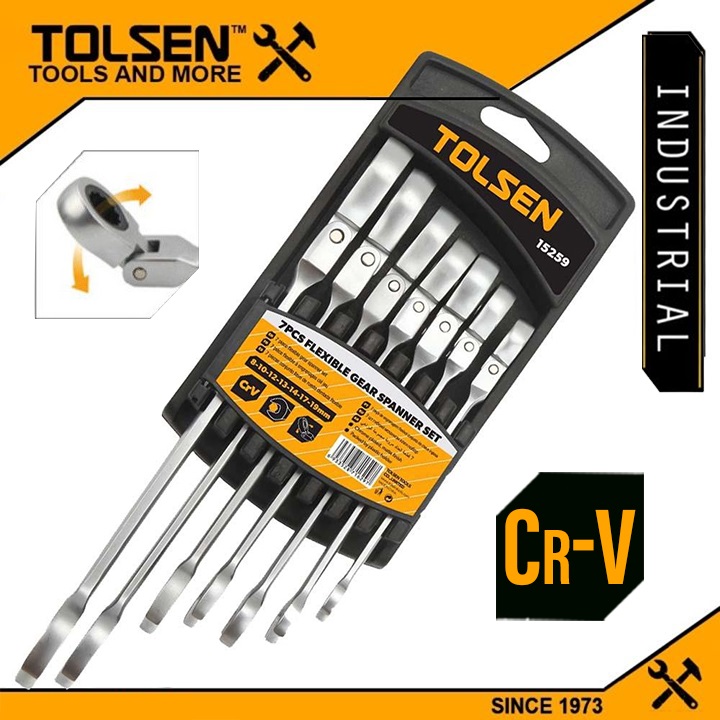 TOLSEN 15259 7Pcs Flexible Head Combination Ratchet Spanner Set | Chrome Plated | Satin Finish | Sizes 8–19mm | Model: 15259_img_4