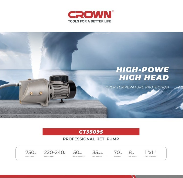 CROWN CT35095 Professional Jet Pump | 750W | 70L/min | 35m Head | Model: CT35095_img_2