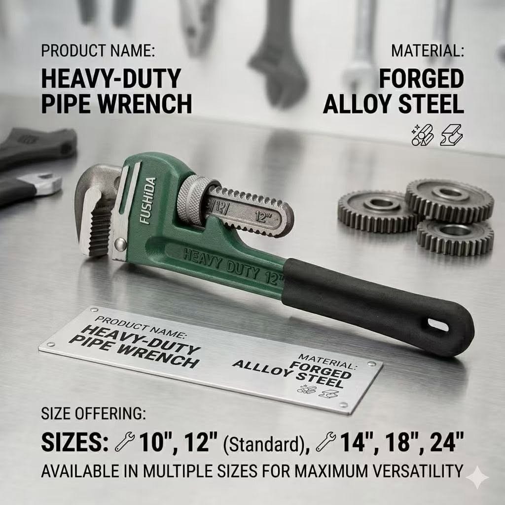 FUSHIDA Pipe Wrench ( 10" | 12" | 14" | 18" | 24") Heavy Duty Forged Alloy Steel (Extra Long Head)