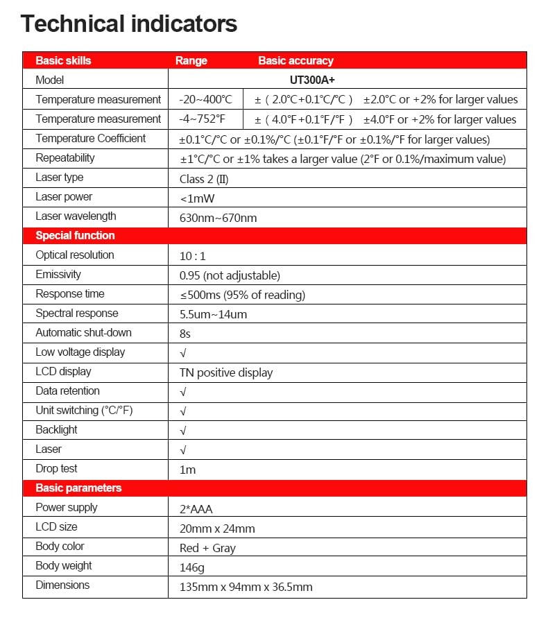 UNI-T UT300A+ Infrared Thermometer | Non-Contact Temperature Measurement | -20°C to 400°C | Model: UT300A+_img_7