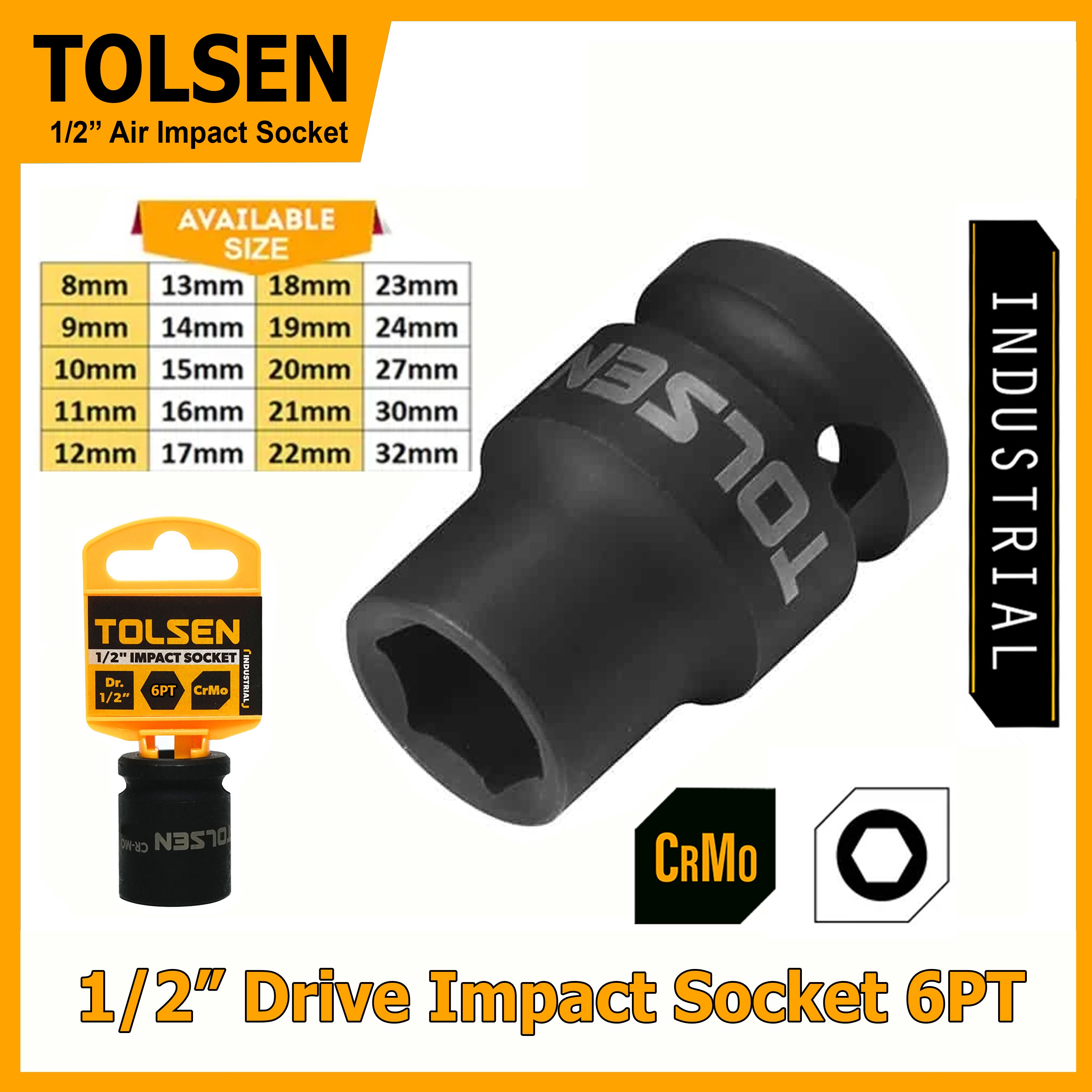TOLSEN Air Impact Socket 1/2" Drive | 8mm to 32mm | Cr-Mo Steel | 6-Point | Industrial | Models: 18208 to 18232