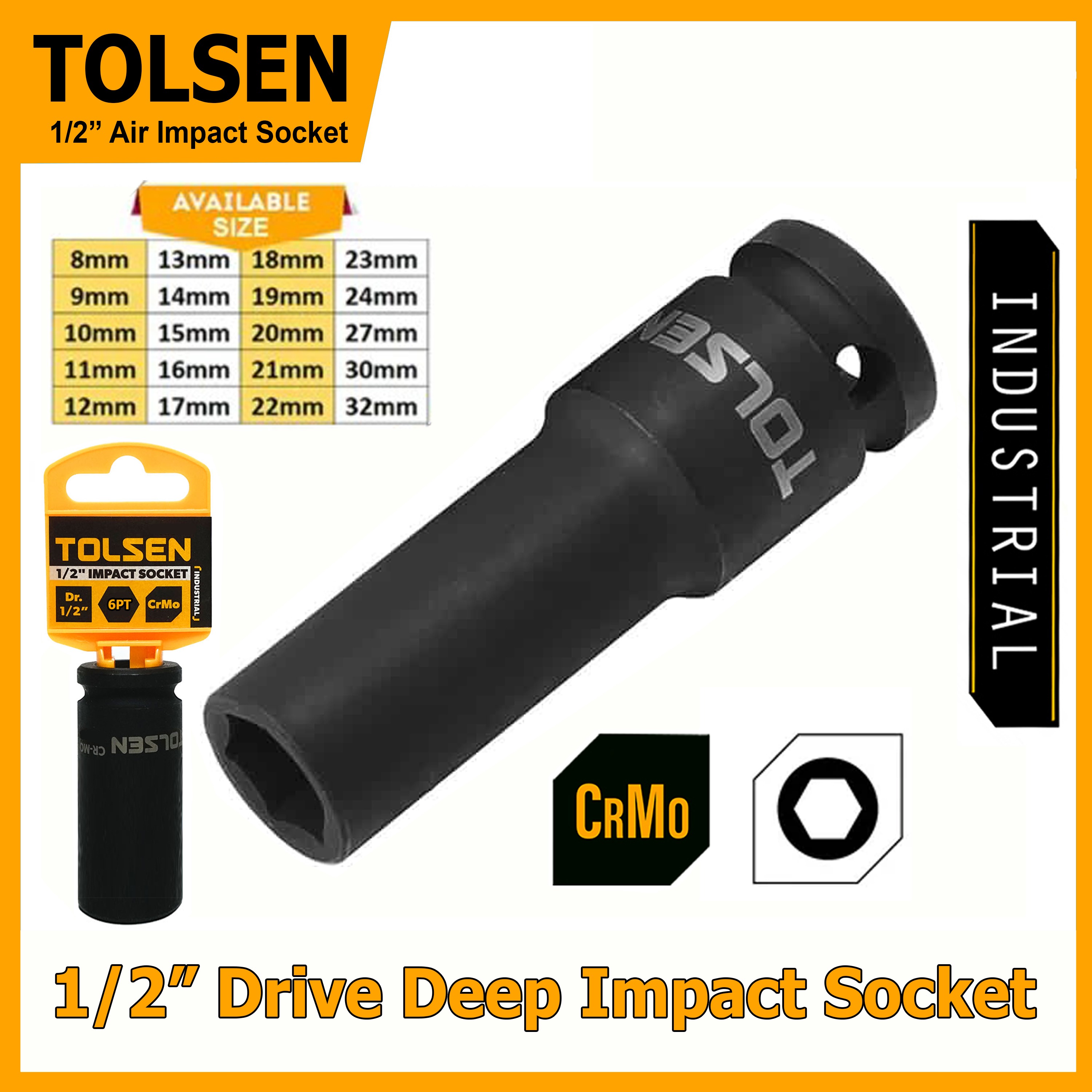 TOLSEN Air Deep Impact Socket 1/2" Drive | 8mm to 32mm | Cr-Mo Steel | 6-Point | Industrial | Models: 18258 to 18282