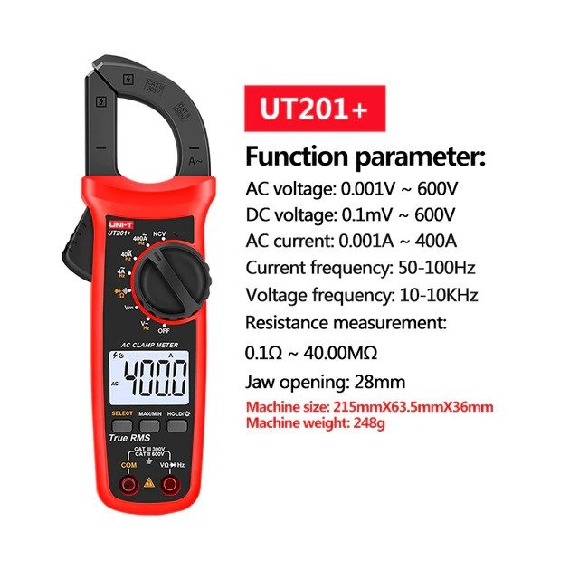 UNI-T UT201+ Digital Clamp Meter | 400A AC | True RMS | 4000 Counts | NCV | CAT III 300V | Model: UT201+_img_9
