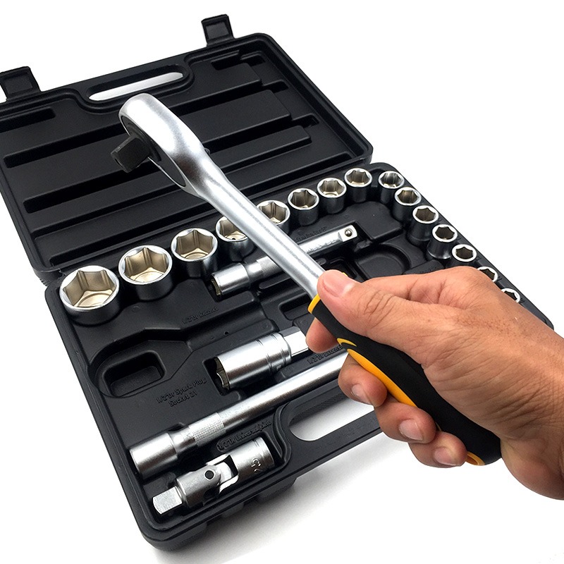 TOLSEN 15139 22Pcs 1/2" Socket Set, 15 Metric Sockets (10-32mm), 2 Spark Plug Sockets, Quick Release Ratchet, Extension Bars, Universal Joint, 3-Way Adaptor, Blow Mold Case, Industrial Series | Model: 15139_img_2