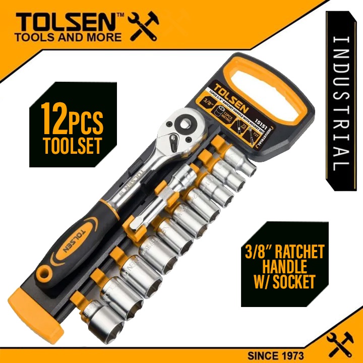 TOLSEN 15151 12Pcs 3/8" Drive Ratchet Handle with Socket Set, Quick Release, 72-Tooth, CrV Steel, Industrial Series; Model: 15151_img_5