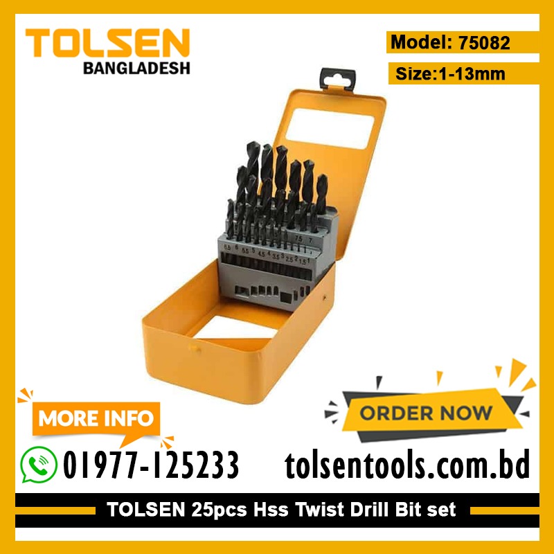 TOLSEN 75082 25pcs HSS Twist Drill Bits Set | 1.5-13mm | DIN338 | Roll Forged | 118° Angle | Iron Case | Model: 75082_img_1