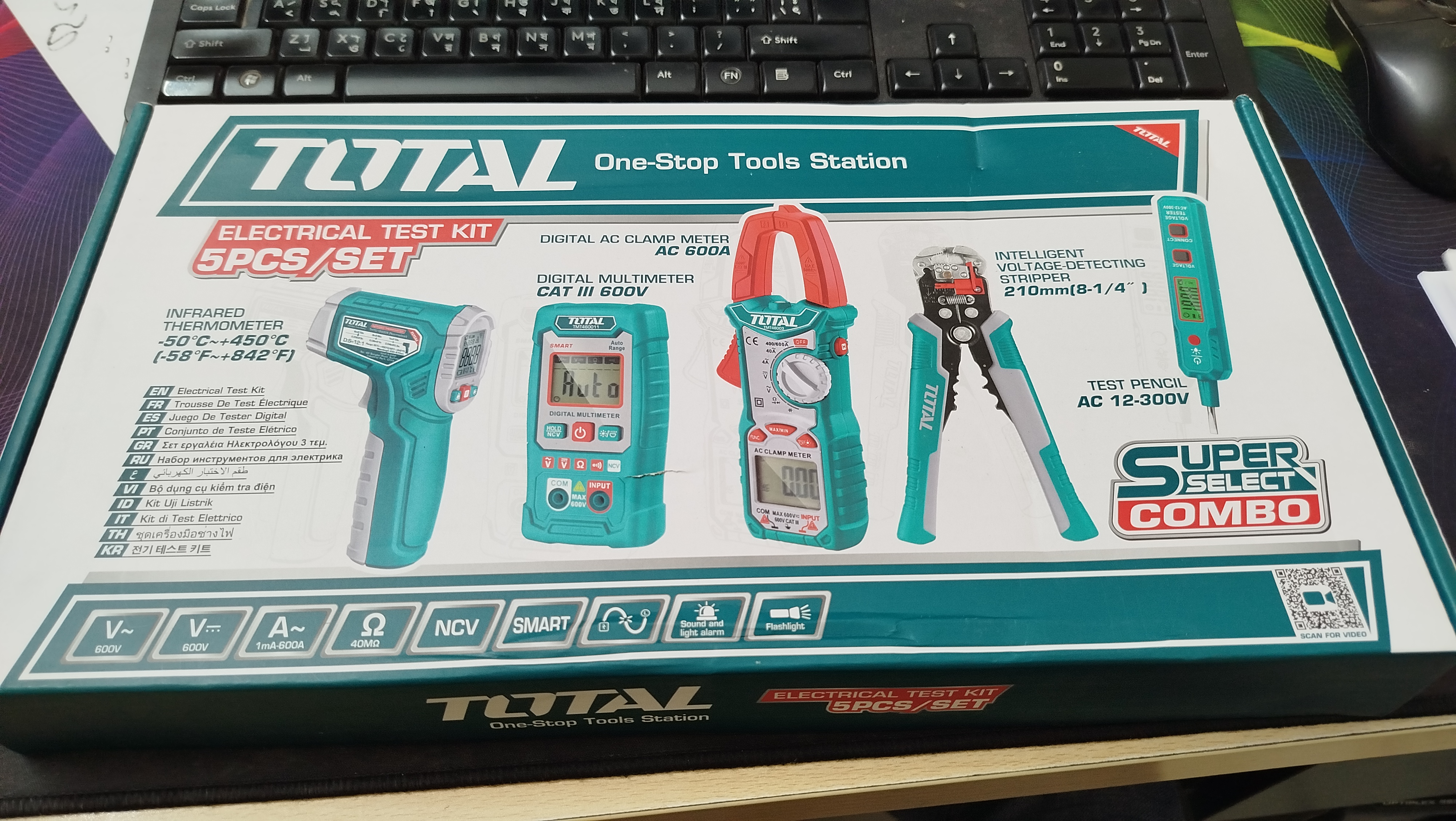 TOTAL TOS23026 5Pcs Electrical Test Kit Combo | Clamp Meter + Multimeter + Test Pencil + Infrared Thermometer + Voltage Stripper | Model: TOS23026_img_5