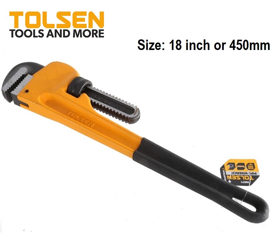 TOLSEN 10071 Pipe Wrench, 18" (450mm), Industrial Series, Dipped Handle, Max Clamping 60mm | Model: 10071