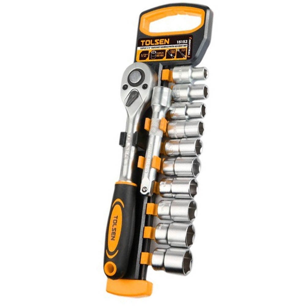TOLSEN 15152 12Pcs 1/2" Drive Ratchet Handle with Socket Set | Quick Release | 72-Tooth | CrV Steel | Industrial Series | Model: 15152_img_3