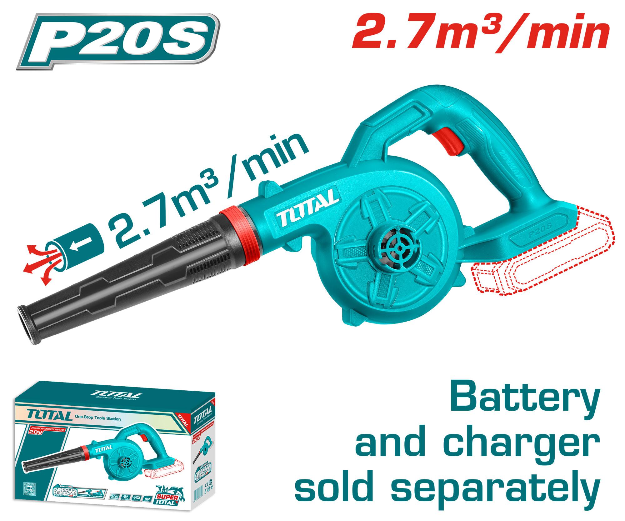TOTAL TABLI20028 Cordless Li-ion Blower, (Tools only, Battery & Charger not including) 20V, 18,000 RPM, 2.7 m³/min Air Volume, 38 m/s Air Speed, Single Speed | Model: TABLI20028