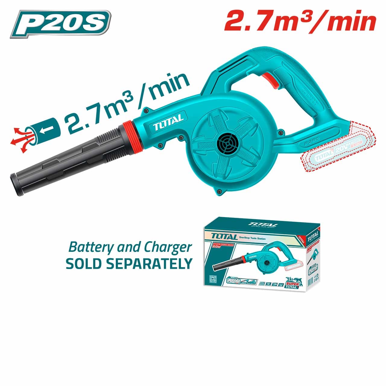 TOTAL TABLI20028 Cordless Li-ion Blower, (Tools only, Battery & Charger not including) 20V, 18,000 RPM, 2.7 m³/min Air Volume, 38 m/s Air Speed, Single Speed | Model: TABLI20028_img_5