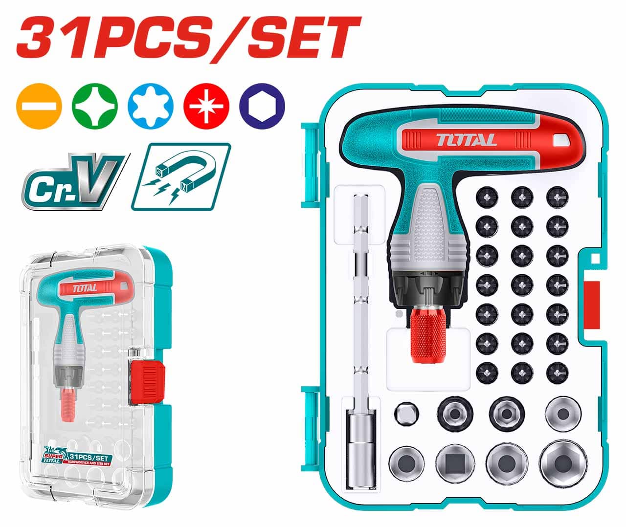 TOTAL TACSD30316 31 Pcs T-Handle Wrench Screwdriver Set | Cr-V Bits | 1/4" Sockets | Magnetic Bit Holder | Plastic Case | Model: TACSD30316