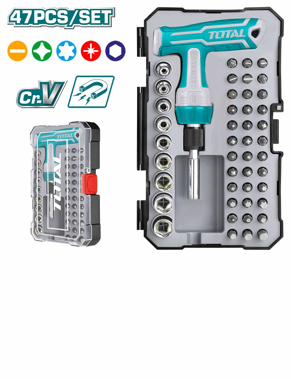 TOTAL TACSD30476 47 Pcs T-Handle Wrench Screwdriver Set | Ratchet Handle | Bits & Sockets | Model: TACSD30476