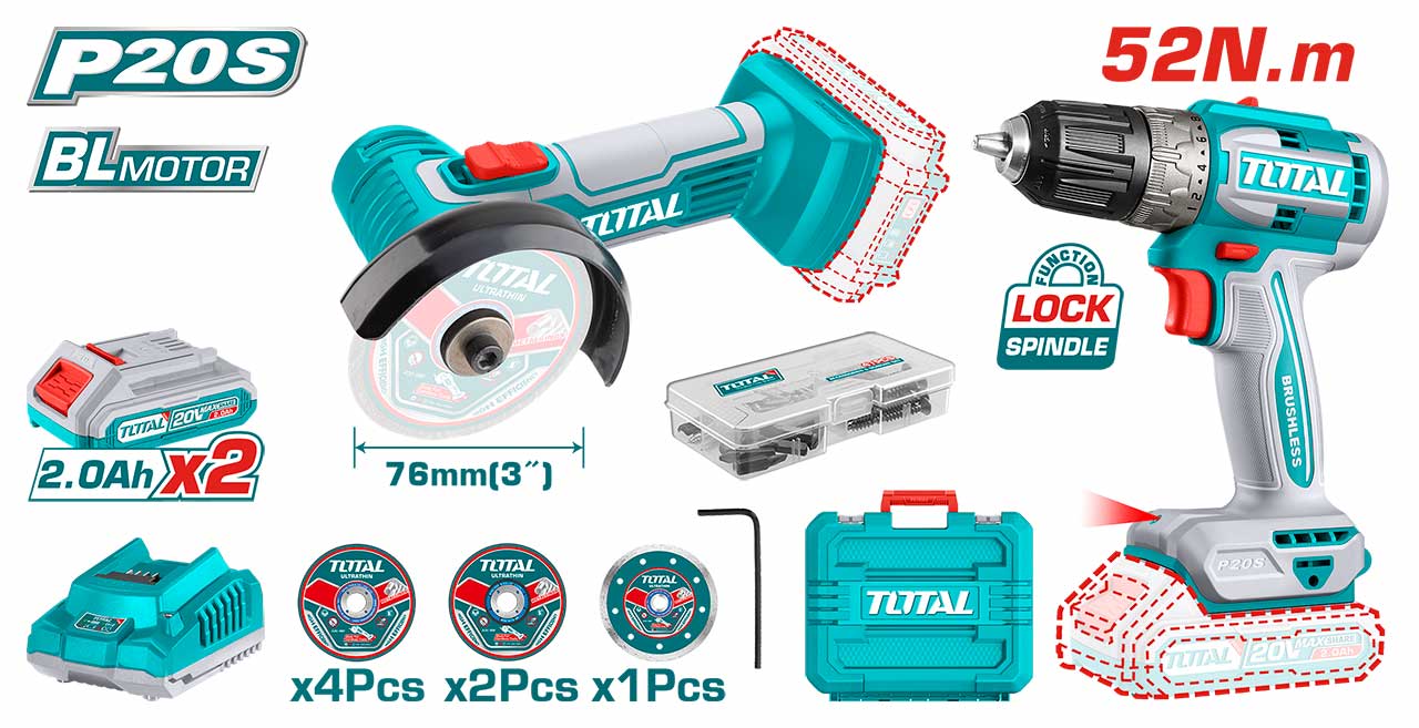 TOTAL TCKLI20278 Li-ion 2 Pcs Combo Kit | 20V | Mini Cut-Off Tool + Brushless Drill | 2 × 2.0Ah Batteries | Industrial | Model: TCKLI20278_img_4