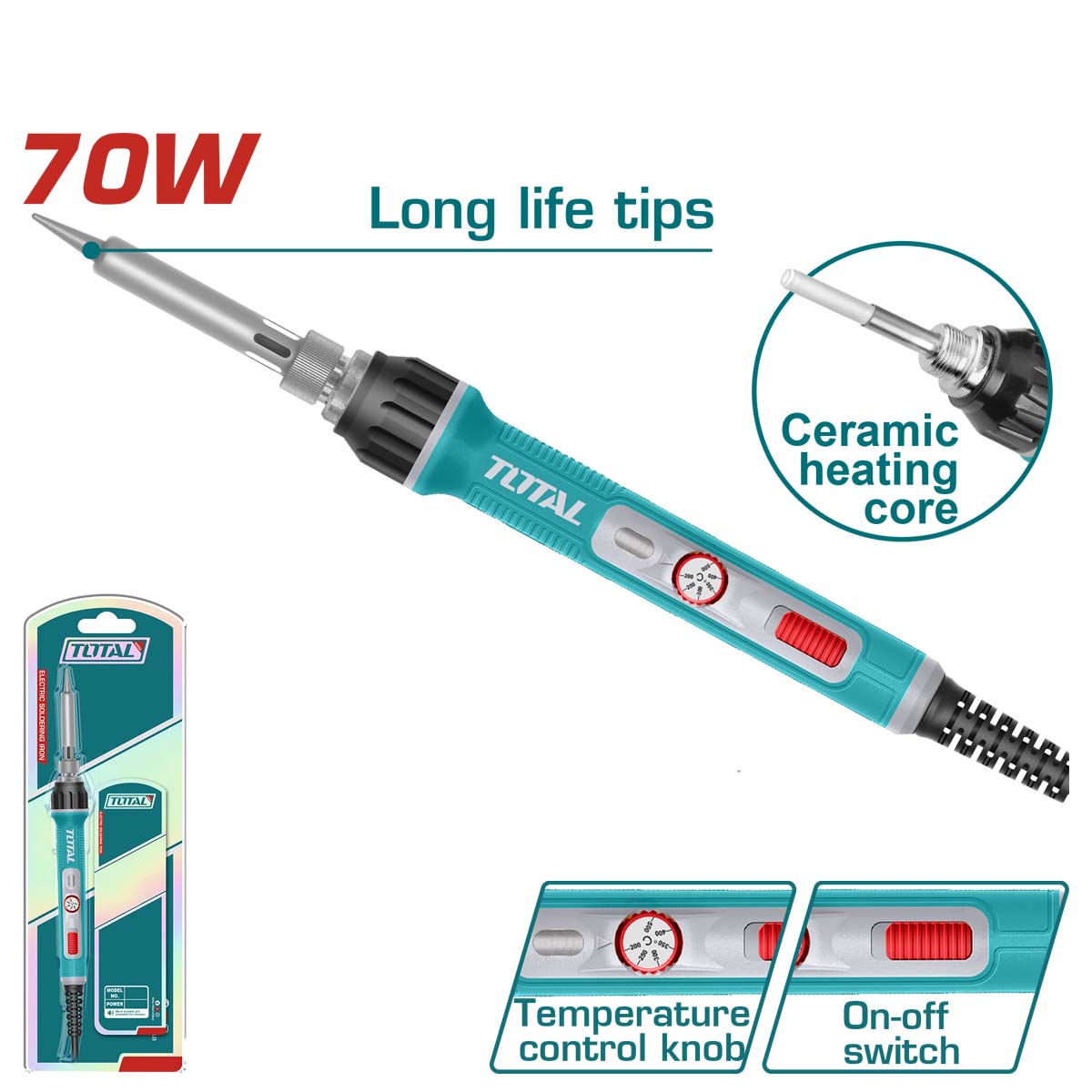 TOTAL Soldering Iron Station, 40W / 60W / 70W Options, Adjustable Temperature (70W), Replaceable Tip, Models: TET1406 | TET1606 | TET01606