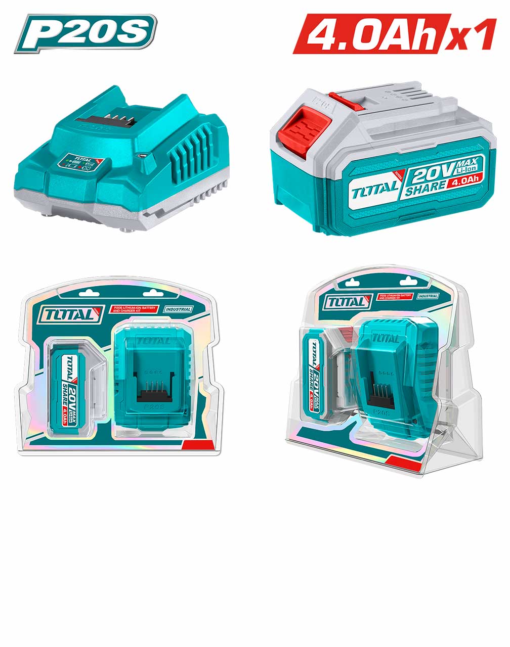 TOTAL TFBCPK1214 Li-ion Battery & Charger Kit | 20V | 4.0Ah Battery + Fast Intelligent Charger | Industrial | Model: TFBCPK1214