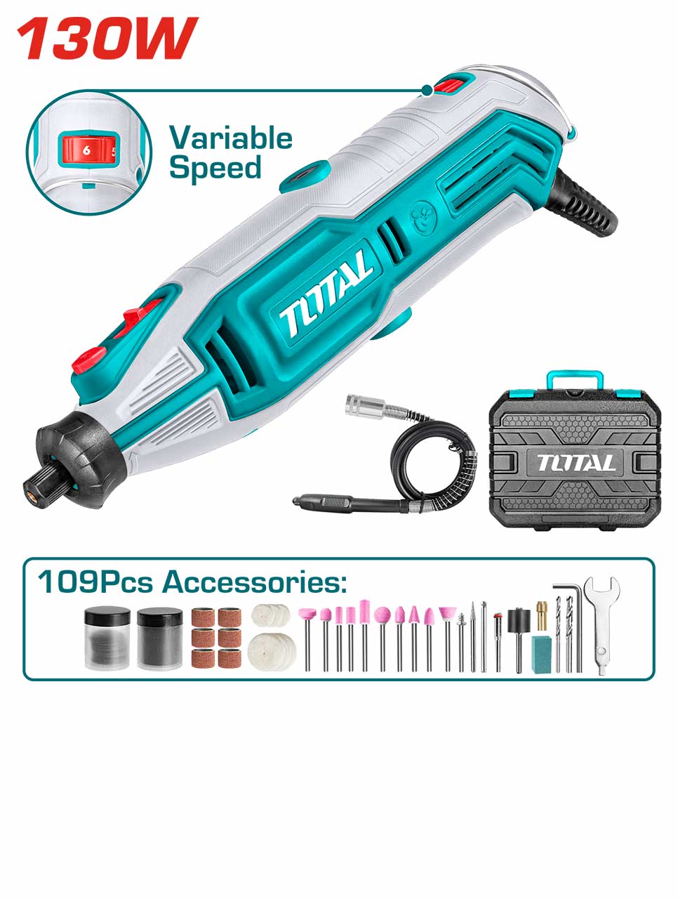 TOTAL TG513326 Mini Grinder, 130W, Variable Speed (10,000-35,000 RPM) | 109 Accessories | Flexible Shaft | Carrying Case | Model: TG513326_img_0
