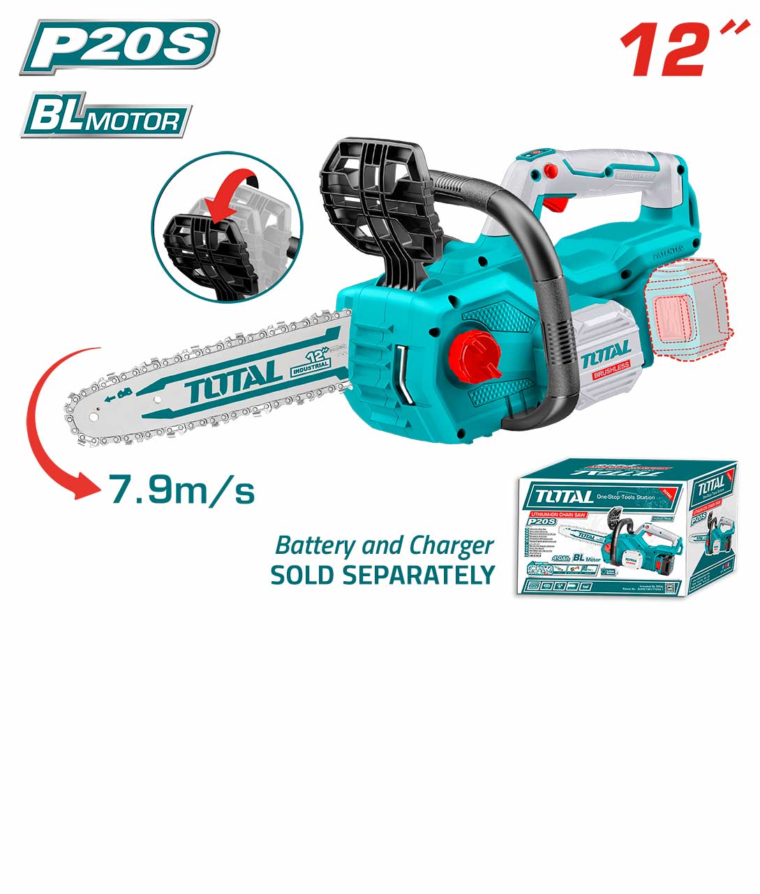 TOTAL TGSLI20128 Li-ion Brushless Chain Saw | 20V | 12" (30cm) Bar | 900W Max Power | Industrial | Model: TGSLI20128_img_0