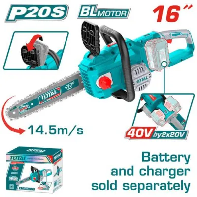 TOTAL TGSLI40168 Cordless Chain Saw, 40V (2×20V), 16" (40cm) Bar, Brushless Motor, Tools Only | Model: TGSLI40168_img_0