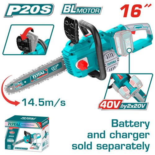 TOTAL TGSLI40168 Cordless Chain Saw, 40V (2×20V), 16" (40cm) Bar, Brushless Motor, Tools Only | Model: TGSLI40168_img_0