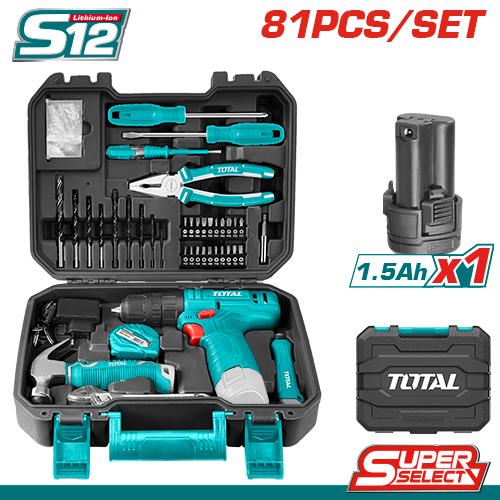 TOTAL THKTHP10812 81 Pcs Household Set | 12V Cordless Drill + Hand Tools + Accessories | Model: THKTHP10812