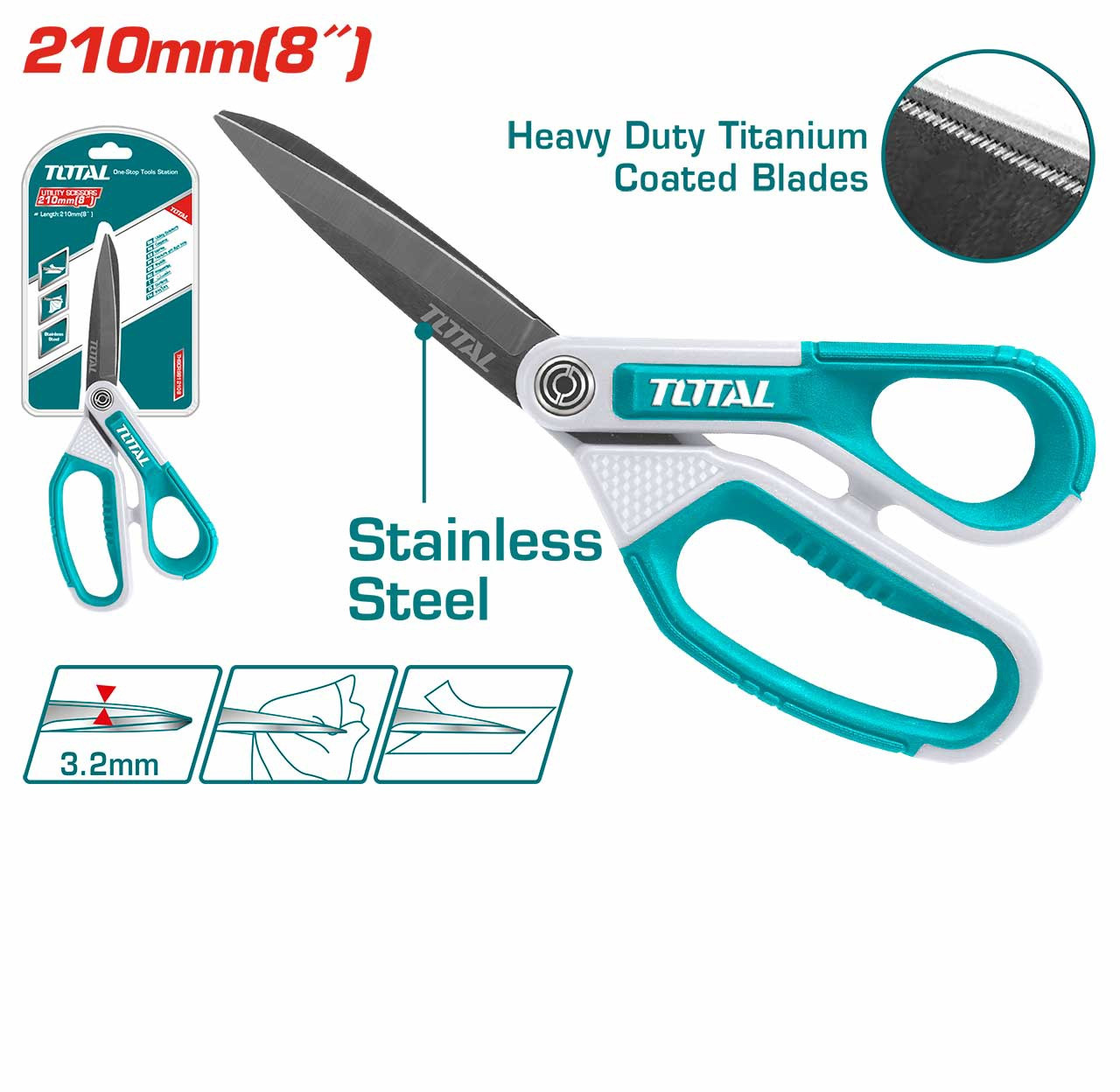 TOTAL THSCRS812108 Rubber Grip Long Blade Scissors | 8" (210mm) | Titanium Plated Stainless Steel Blade | Serrated Bottom Blade | Model: THSCRS812108_img_0