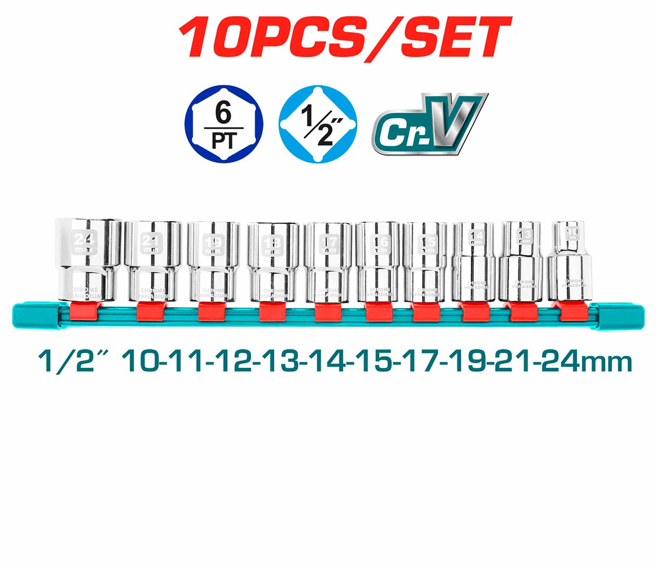 TOTAL THT121101 10 Pcs 1/2" Socket Set, Sizes 10-24mm, Industrial | Cr-V Steel, Heat Treated & Chrome Plated | Model: THT121101_img_2