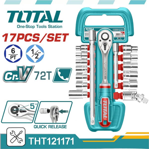 TOTAL THT121171 17 Pcs 1/2" Socket Set, 72-Tooth Ratchet, Cr-V Steel, Metric Sizes 10-24mm | Model: THT121171_img_0