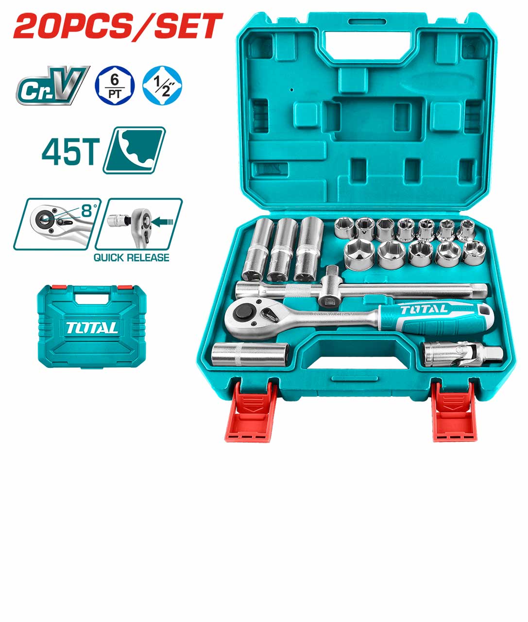 TOTAL THT121201 20 Pcs 1/2" Socket Set | 72-Tooth Ratchet | Cr-V Steel | Metric Sizes | Model: THT121201_img_1