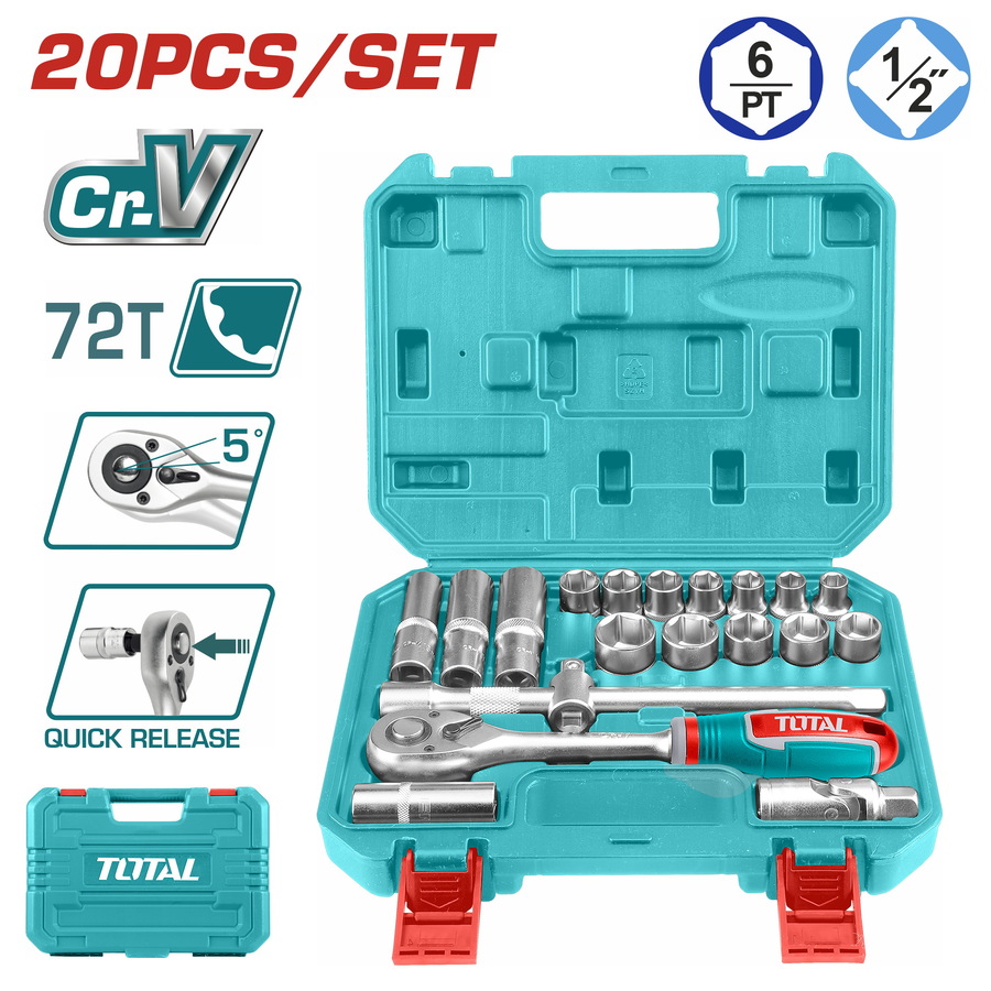 TOTAL THT121201 20 Pcs 1/2" Socket Set | 72-Tooth Ratchet | Cr-V Steel | Metric Sizes | Model: THT121201