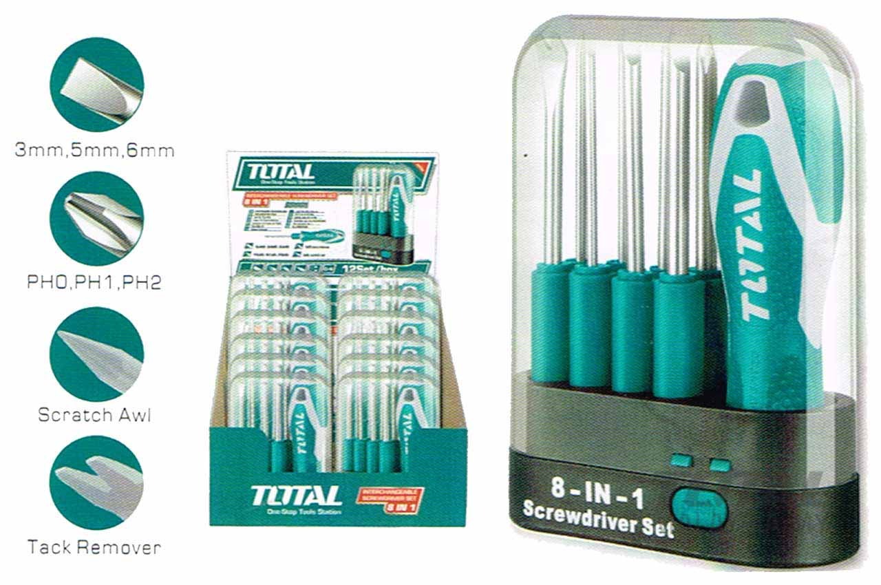 TOTAL THT250906 9 Pcs Interchangeable Screwdriver Set | Includes Handle & Case | Slotted & Phillips Bits | Scratch Awl | Tack Remover | Model: THT250906_img_0