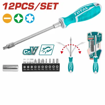 TOTAL THT250FL1206 12 Pcs Flexible Shaft Screwdriver Set, Interchangeable Bits, Slotted, Phillips & Torx | Model: THT250FL1206_img_0