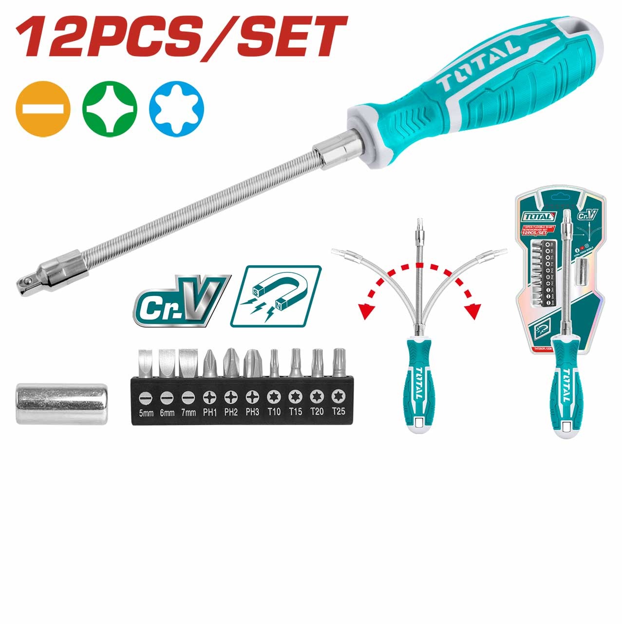TOTAL THT250FL1206 12 Pcs Flexible Shaft Screwdriver Set, Interchangeable Bits, Slotted, Phillips & Torx | Model: THT250FL1206_img_0