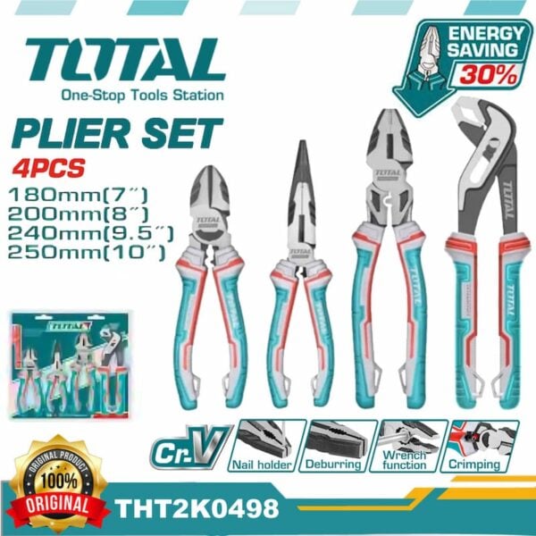 TOTAL THT2K0458 4 Pcs Cr-V High Leverage Pliers Set | 30% Strength Saving | Black Finish & Polish | Model: THT2K0458